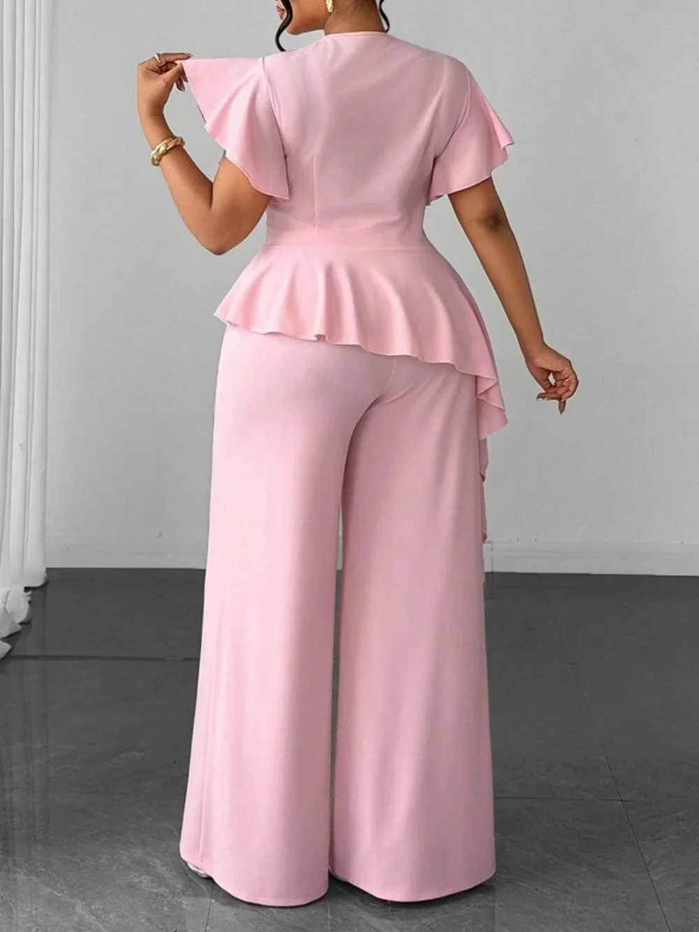 Baby Pink Elegant Women's Plus Size Round Neck Top And Wide Leg Pants Set